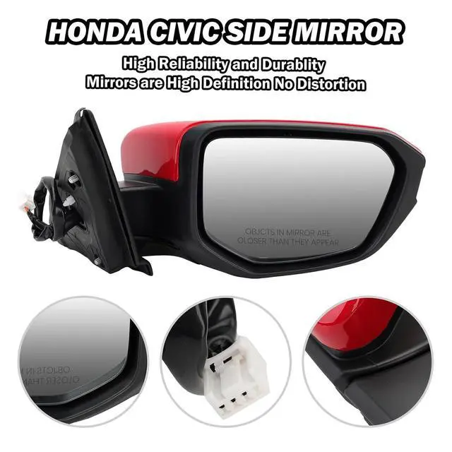 Alt view image 4 of 7 - Passenger Side Mirror Compatible With 2016 2017 2018 2019 2020 2021 Honda Civic Coupe Sedan Hatchback,Mirror with Power Glass,Non-Heated,Manual Folding(Red)