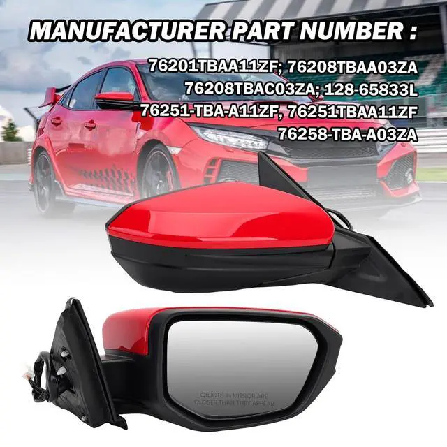 Alt view image 6 of 7 - Passenger Side Mirror Compatible With 2016 2017 2018 2019 2020 2021 Honda Civic Coupe Sedan Hatchback,Mirror with Power Glass,Non-Heated,Manual Folding(Red)