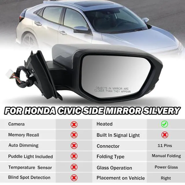 Alt view image 2 of 7 - Passenger Side Mirror Compatible with 2016 2017 2018 2019 2020 2021 Civic Mirror with View Camera Power Heated (Silvery), Right-11pins