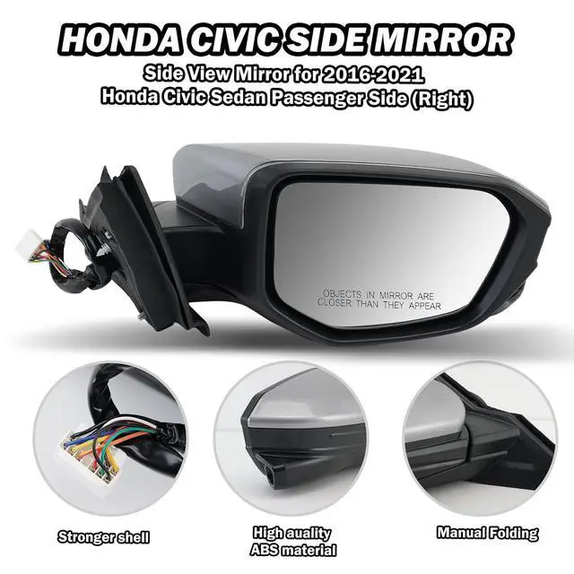 Alt view image 4 of 7 - Passenger Side Mirror Compatible with 2016 2017 2018 2019 2020 2021 Civic Mirror with View Camera Power Heated (Silvery), Right-11pins