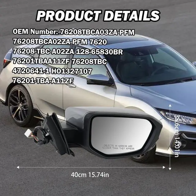 Alt view image 7 of 7 - Passenger Side Mirror Compatible with 2016 2017 2018 2019 2020 2021 Civic Mirror with View Camera Power Heated (Silvery), Right-11pins