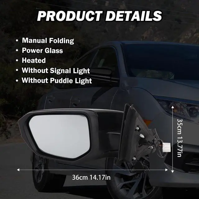 Alt view image 5 of 7 - Driver Side View Mirror Compatible with 2016-2021 Honda Civic Power Heated,Civic Side Mirror Left Replace# 76258TBAC02ZA, 5Pins-Heated