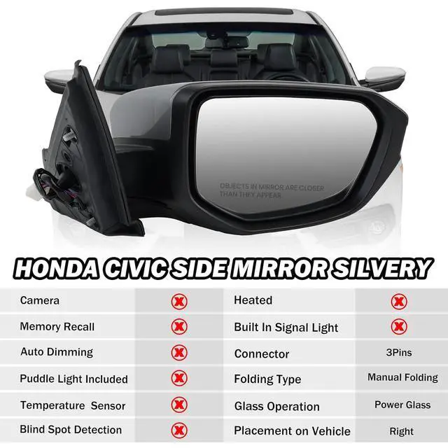 Alt view image 2 of 7 - Passenger Side Mirror Compatible With 2016 2017 2018 2019 2020 2021 Honda Civic Coupe Sedan Hatchback,Mirror with Power Glass,Non-Heated,Manual Folding(Silvery)