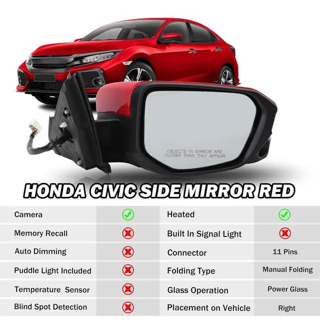 Alt view image 2 of 7 - Passenger Side Door Mirror Compatible with 2016 2017 2018 2019 2020 2021 Honda Civic Sedan/Coupe/Hatchback Lx/Ex/Sport with Power Heated and Camera (Red)