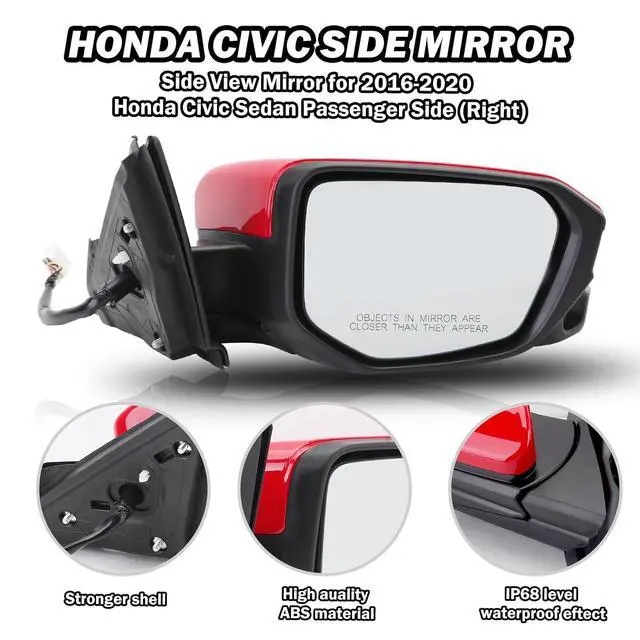 Alt view image 4 of 7 - Passenger Side Door Mirror Compatible with 2016 2017 2018 2019 2020 2021 Honda Civic Sedan/Coupe/Hatchback Lx/Ex/Sport with Power Heated and Camera (Red)