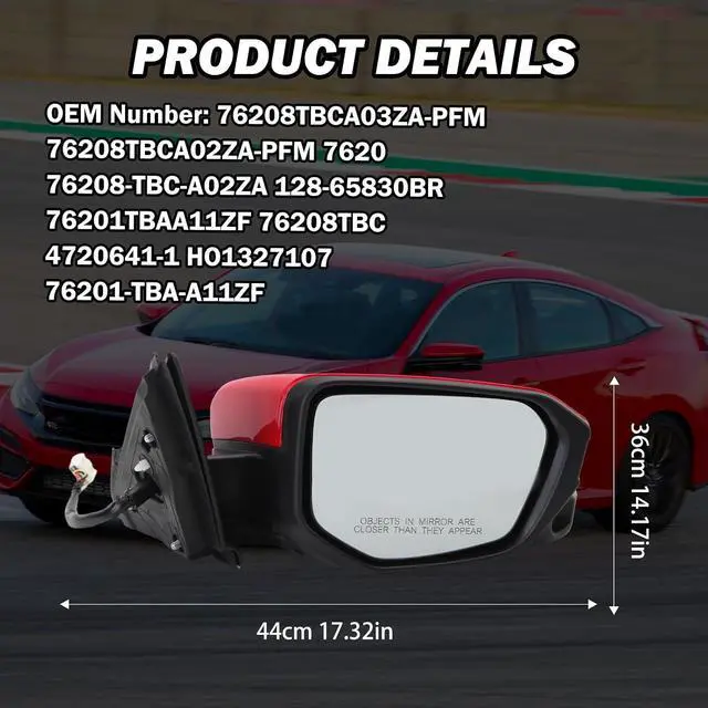 Alt view image 7 of 7 - Passenger Side Door Mirror Compatible with 2016 2017 2018 2019 2020 2021 Honda Civic Sedan/Coupe/Hatchback Lx/Ex/Sport with Power Heated and Camera (Red)