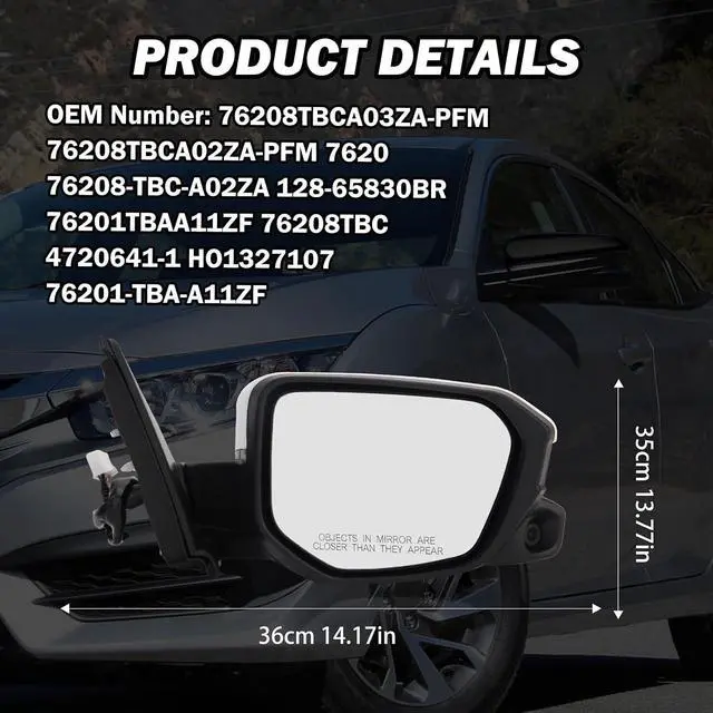Alt view image 7 of 7 - Passenger Side Mirror Compatible with 2016 2017 2018 2019 2020 2021 Honda Civic Sedan/Coupe/Hatchback Lx/Ex/Sport Mirror with View Camera Power Heated (Paintable White)