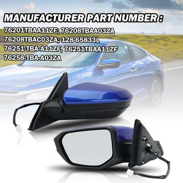 Alt view image 5 of 7 - Left Driver Side Door Mirror For 2016 2017 2018 2019 2020 2021 HONDA CIVIC LX SE Sport with Power Mirror Ajust Manual Fold Non-Heated Blue Replace 76258-TBA-A02ZA