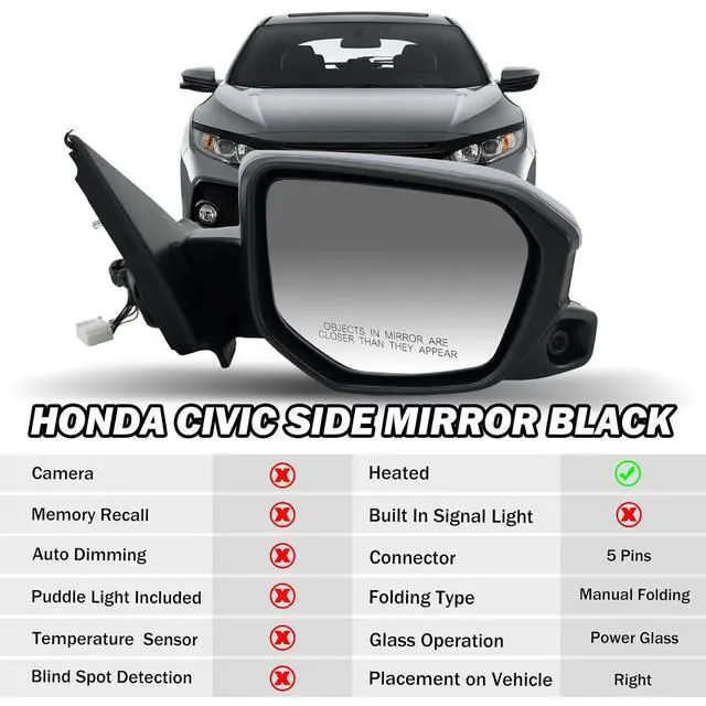 Alt view image 2 of 7 - Passenger Side Mirror Compatible with 2016 2017 2018 2019 2020 2021 Civic Mirror with View Camera Power Heated (Paintable)