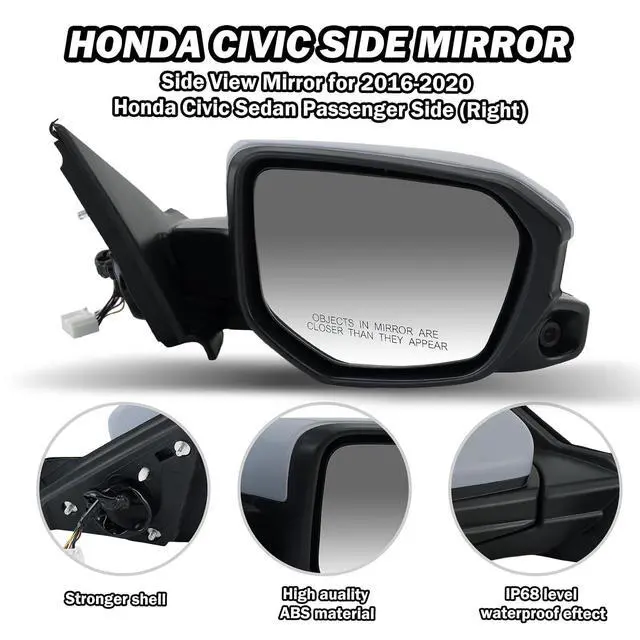 Alt view image 4 of 7 - Passenger Side Mirror Compatible with 2016 2017 2018 2019 2020 2021 Civic Mirror with View Camera Power Heated (Paintable)