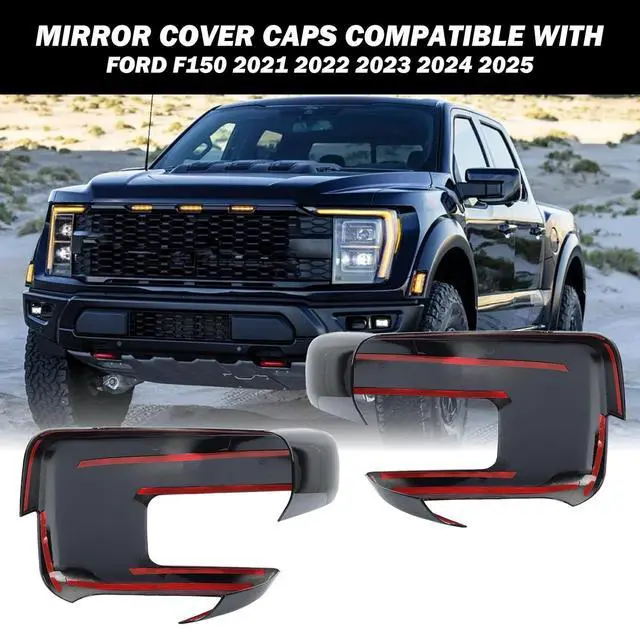 Alt view image 3 of 7 - Replacement Side Mirror Cover Caps Compatible with 2021-2024 2025 Ford F150 F-150 Pickup Mirror Cap With Turn Signal Light (Black) Left and Right