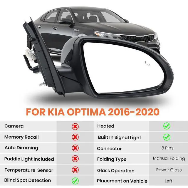 Alt view image 2 of 7 - Right Passenger Side Mirror Compatible with Kia Optima 2016-2020 Mirrors with Blind Spot Monitor Heated Signal Light Manual Folding Replace KI1321221 Black 8 Pins