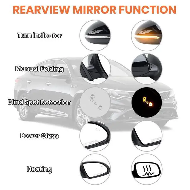 Alt view image 3 of 7 - Right Passenger Side Mirror Compatible with Kia Optima 2016-2020 Mirrors with Blind Spot Monitor Heated Signal Light Manual Folding Replace KI1321221 Black 8 Pins