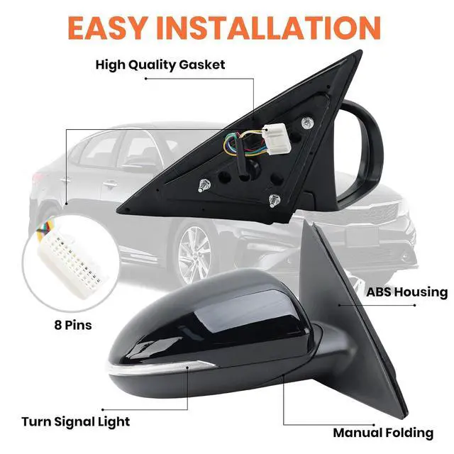 Alt view image 4 of 7 - Right Passenger Side Mirror Compatible with Kia Optima 2016-2020 Mirrors with Blind Spot Monitor Heated Signal Light Manual Folding Replace KI1321221 Black 8 Pins