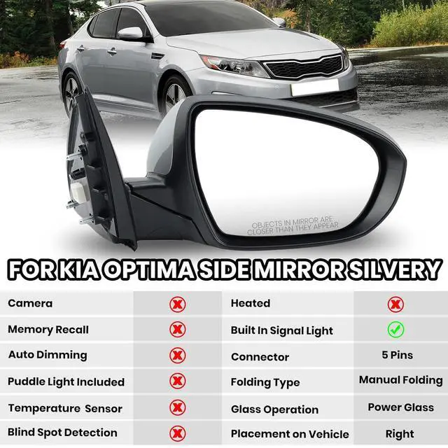 Alt view image 2 of 7 - Passenger Side Mirror Compatible with 2011 2012 2013 Kia Optima Mirrors with Turn Signal Light,Power Glass,Manual Folding,Silvery (5 Pins)