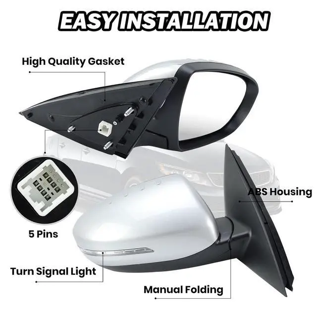 Alt view image 4 of 7 - Passenger Side Mirror Compatible with 2011 2012 2013 Kia Optima Mirrors with Turn Signal Light,Power Glass,Manual Folding,Silvery (5 Pins)