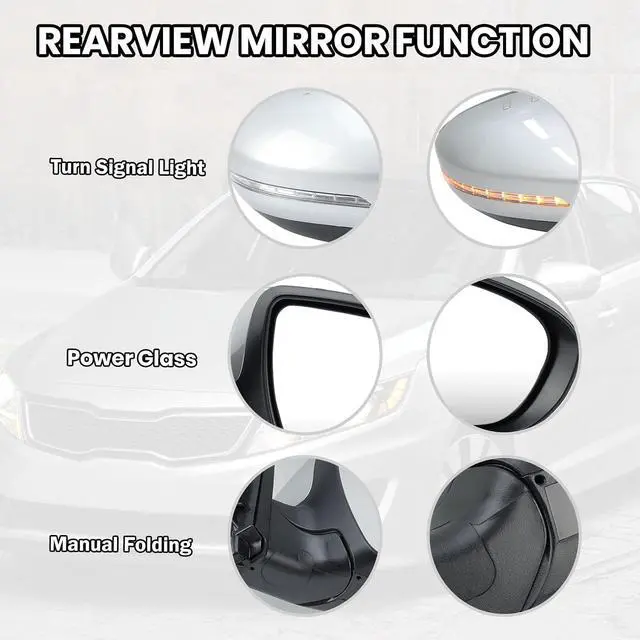 Alt view image 3 of 7 - Passenger Side Mirror Compatible with 2011 2012 2013 Kia Optima Mirrors with Turn Signal Light,Power Glass,Manual Folding,Silvery (5 Pins)