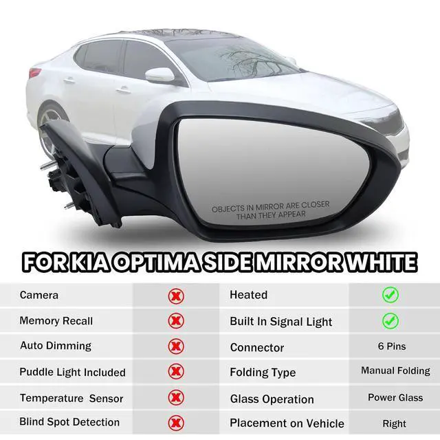 Alt view image 2 of 7 - Passenger Side Mirror Compatible with 2014 2015 Kia Optima Mirrors with Heated,Turn Signal Light,Power Glass,Manual Folding White (6 Pins)