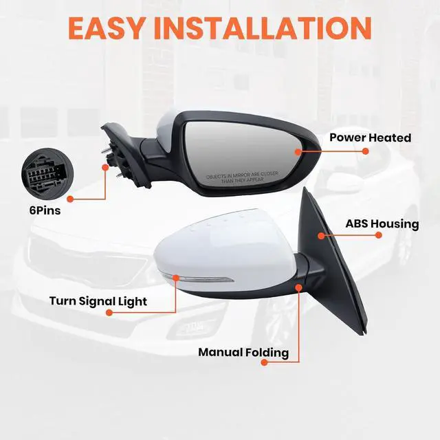 Alt view image 5 of 7 - Passenger Side Mirror Compatible with 2014 2015 Kia Optima Mirrors with Heated,Turn Signal Light,Power Glass,Manual Folding White (6 Pins)