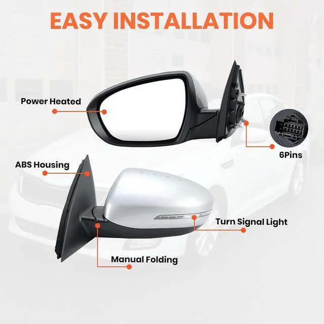 Alt view image 3 of 7 - Driver Mirror Compatible with 2014 2015 Kia Optima Mirrors with Heated,Turn Signal Light,Power Glass,Manual Folding,Silvery (6 Pins)