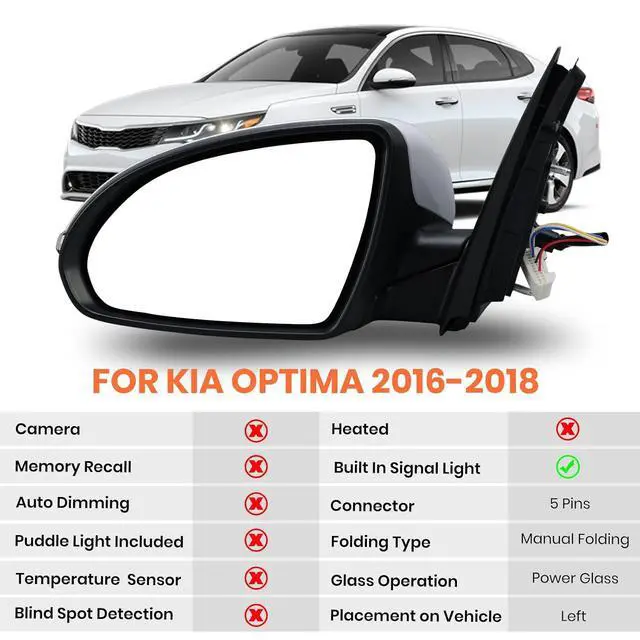 Alt view image 2 of 7 - Left Driver Side Mirror Compatible with 2016 2017 2018 Kia Optima Mirrors with Signal Light Power Glass Manual Folding Rearview Mirror Primer White Replace# KI1320200,87610-D5000 (5pins)