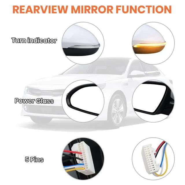 Alt view image 4 of 7 - Left Driver Side Mirror Compatible with 2016 2017 2018 Kia Optima Mirrors with Signal Light Power Glass Manual Folding Rearview Mirror Primer White Replace# KI1320200,87610-D5000 (5pins)