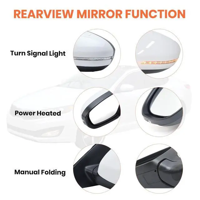 Alt view image 3 of 7 - Left Driver Mirror Compatible with 2014 2015 Kia Optima Mirrors with Heated,Turn Signal Light,Power Glass,Manual Folding White (6 Pins)
