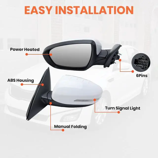 Alt view image 5 of 7 - Left Driver Mirror Compatible with 2014 2015 Kia Optima Mirrors with Heated,Turn Signal Light,Power Glass,Manual Folding White (6 Pins)