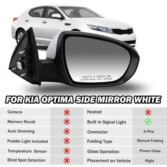 Alt view image 3 of 7 - Passenger Side Mirror Compatible with 2011 2012 2013 Kia Optima Mirrors with Turn Signal Light,Power Glass,Manual Folding,Replace KI1321152 White (5 Pins)