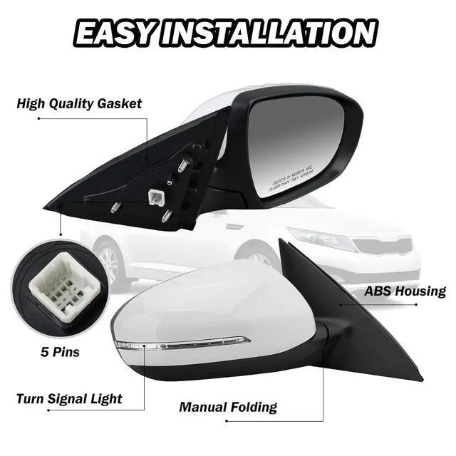 Alt view image 4 of 7 - Passenger Side Mirror Compatible with 2011 2012 2013 Kia Optima Mirrors with Turn Signal Light,Power Glass,Manual Folding,Replace KI1321152 White (5 Pins)