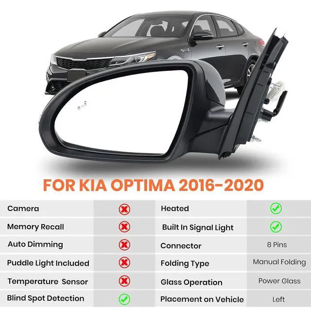 Alt view image 2 of 7 - Left Driver Side Mirror Compatible with Kia Optima 2016-2020 Mirrors with Blind Spot Monitor Heated Signal Light Manual Folding Replace KI1320221 Black 8 Pins