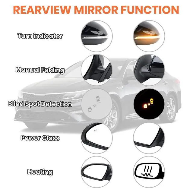 Alt view image 3 of 7 - Left Driver Side Mirror Compatible with Kia Optima 2016-2020 Mirrors with Blind Spot Monitor Heated Signal Light Manual Folding Replace KI1320221 Black 8 Pins