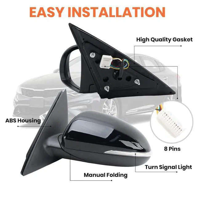 Alt view image 4 of 7 - Left Driver Side Mirror Compatible with Kia Optima 2016-2020 Mirrors with Blind Spot Monitor Heated Signal Light Manual Folding Replace KI1320221 Black 8 Pins
