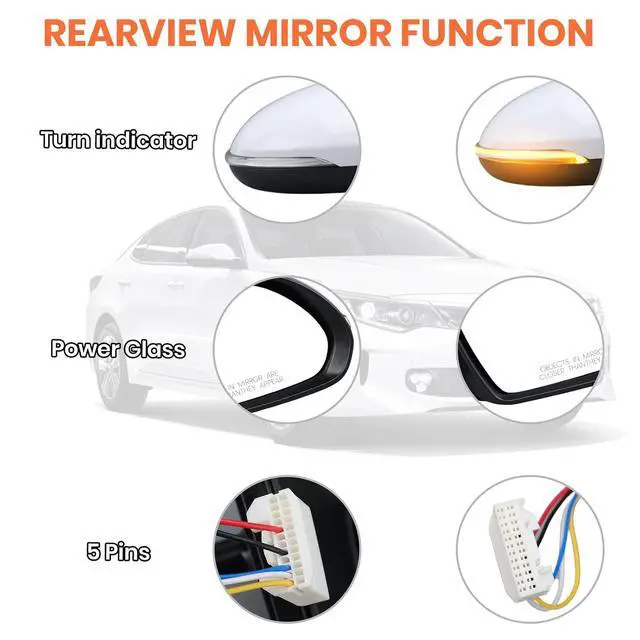 Alt view image 4 of 7 - Right Passenger Side Mirror Compatible with 2016 2017 2018 Kia Optima Mirrors with Signal Light Power Glass Manual Folding Rearview Mirror Primer White Replace# KI1321200,87620-D5000 (5pins)