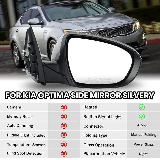 Alt view image 2 of 7 - Passenger Side Mirror Compatible with 2014 2015 Kia Optima Mirrors with Heated,Turn Signal Light,Power Glass,Manual Folding,Silvery(6 Pins)