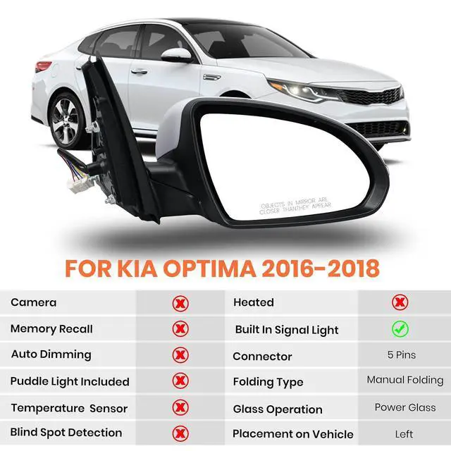 Alt view image 2 of 7 - Right Passenger Side Mirror Compatible with 2016 2017 2018 Kia Optima Mirrors with Signal Light Power Glass Manual Folding Rearview Mirror Primer White Replace# KI1321200,87620-D5000 (5pins)