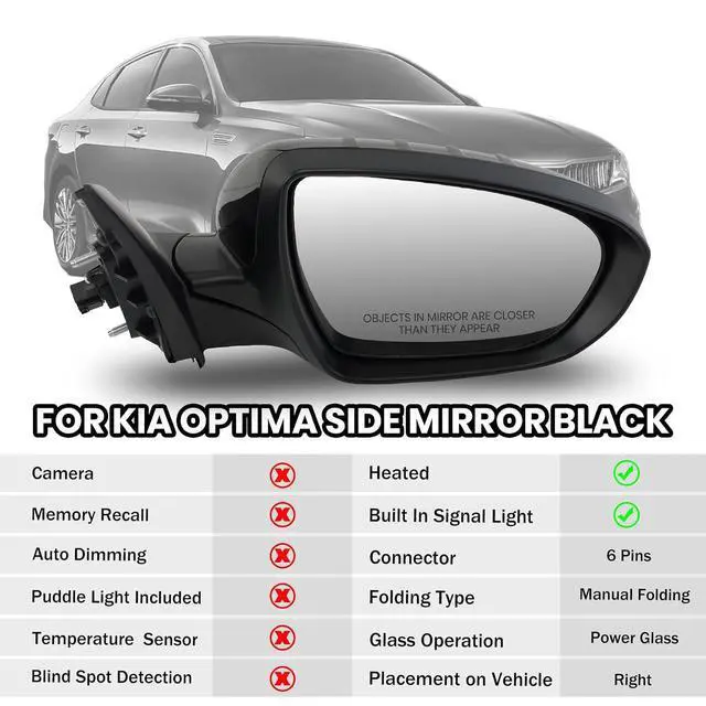 Alt view image 2 of 7 - Passenger Side Mirror Compatible with 2014 2015 Kia Optima Mirrors with Heated,Turn Signal Light,Power Glass,Manual Folding,Replace KI1321175 Black (6 Pins)
