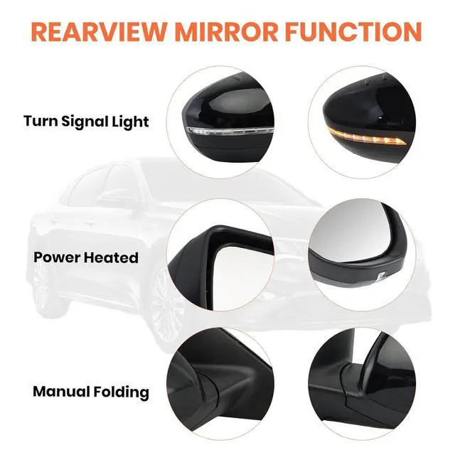 Alt view image 3 of 7 - Passenger Side Mirror Compatible with 2014 2015 Kia Optima Mirrors with Heated,Turn Signal Light,Power Glass,Manual Folding,Replace KI1321175 Black (6 Pins)