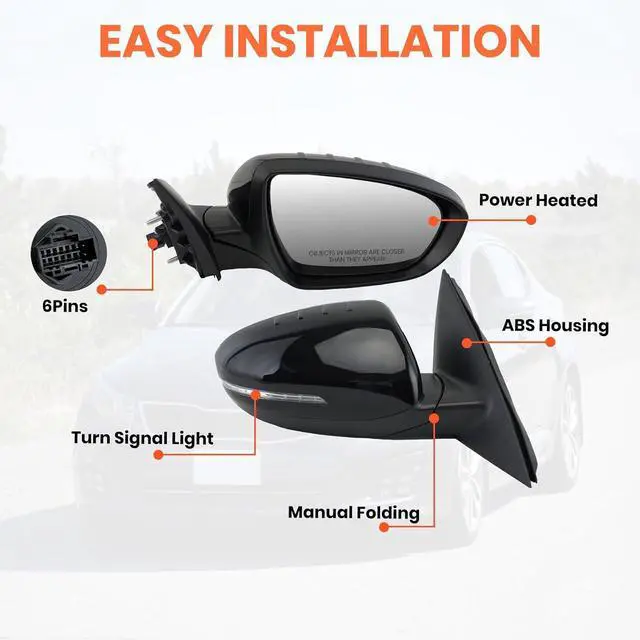 Alt view image 5 of 7 - Passenger Side Mirror Compatible with 2014 2015 Kia Optima Mirrors with Heated,Turn Signal Light,Power Glass,Manual Folding,Replace KI1321175 Black (6 Pins)