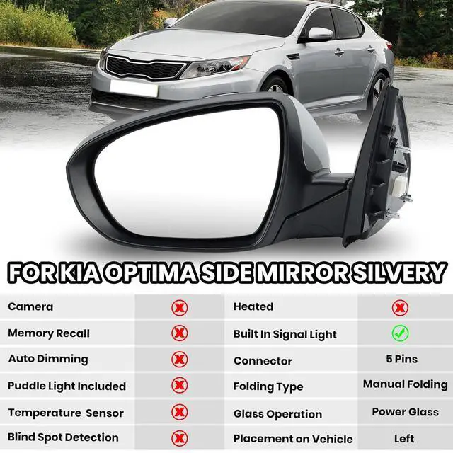 Alt view image 2 of 7 - Driver Side Mirror Compatible with 2011 2012 2013 Kia Optima Mirrors with Turn Signal Light,Power Glass,Manual Folding,Silvery (5 Pins)