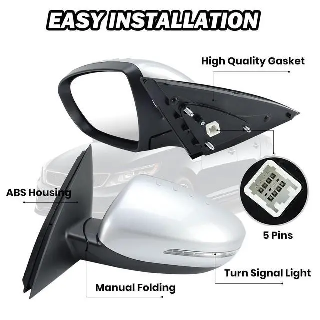 Alt view image 4 of 7 - Driver Side Mirror Compatible with 2011 2012 2013 Kia Optima Mirrors with Turn Signal Light,Power Glass,Manual Folding,Silvery (5 Pins)