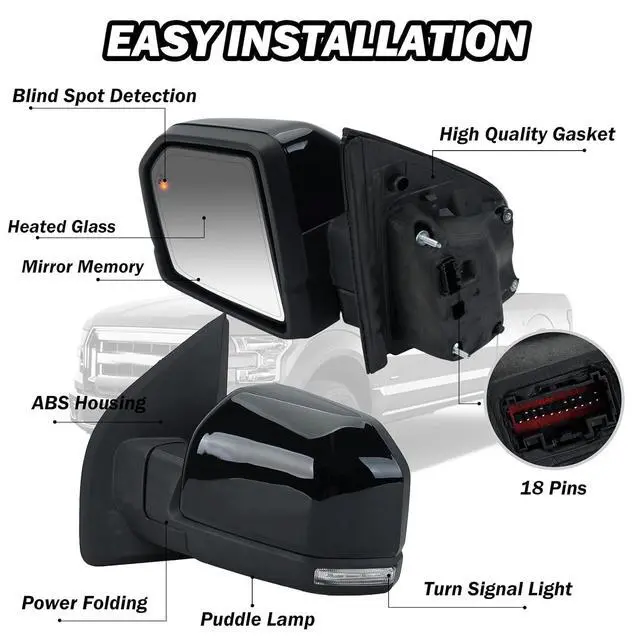 Alt view image 4 of 7 - Left Driver Side Mirror Fits 2015-2020 Ford F150 Mirrors with Power Glass,Heated,Puddle Lights,Blind Spot Detection,Turn Signal,Memory,Power Folding,Without Camera Replace FO132052818 Pins)