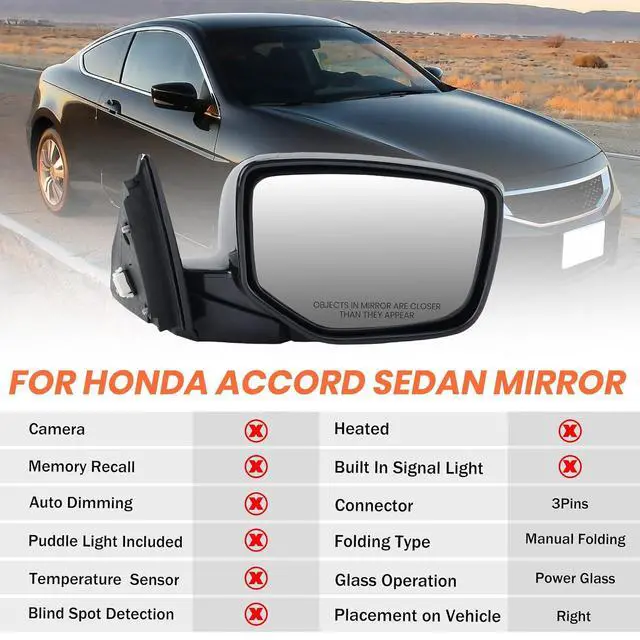 Alt view image 2 of 7 - Passenger Side Mirror Compatible With 2008 2009 2010 2011 2012 Honda Accord Sedan LX, LX-P,Mirror with Power Glass,Non-Heated,Manual Folding Replace HO1320230(3 Pins)