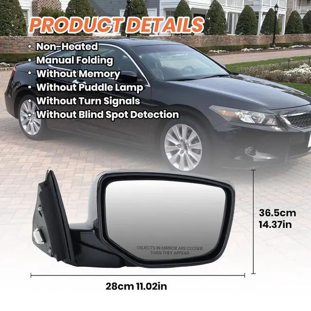 Alt view image 7 of 7 - Passenger Side Mirror Compatible With 2008 2009 2010 2011 2012 Honda Accord Sedan LX, LX-P,Mirror with Power Glass,Non-Heated,Manual Folding Replace HO1320230(3 Pins)
