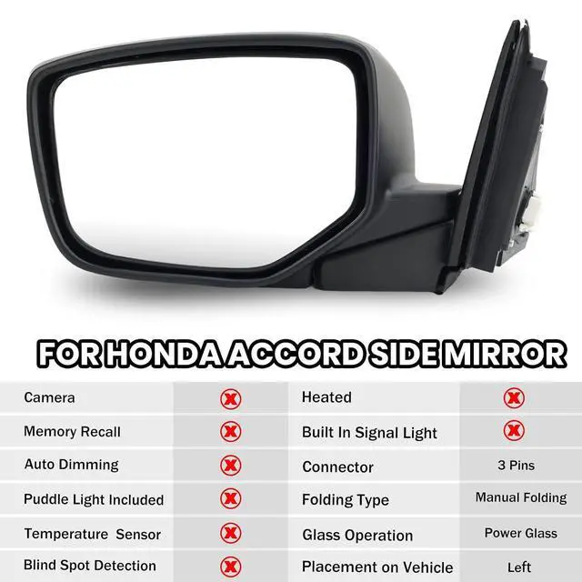 Alt view image 2 of 7 - Driver Side Mirror Compatible with 2008 2009 2010 2011 2012 Honda Accord Rear View Mirrors with Power Glass Manual Folding Non-Heated Alabaster Silver Metallic 3 Pins Left