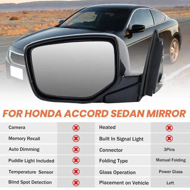 Alt view image 2 of 7 - Driver Side Mirror Compatible With 2008 2009 2010 2011 2012 Honda Accord Sedan LX, LX-P,Mirror with Power Glass,Non-Heated,Manual Folding Replace HO1320230(3 Pins)