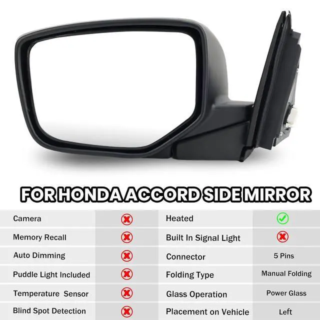 Alt view image 2 of 7 - Driver Side Mirror Compatible with Honda Accord 2008 2009 2010 2011 2012 Mirrors with Heated Power Glass Manual Folding Left Door Mirrors Assembly 5 Pins Alabaster Silver Metallic