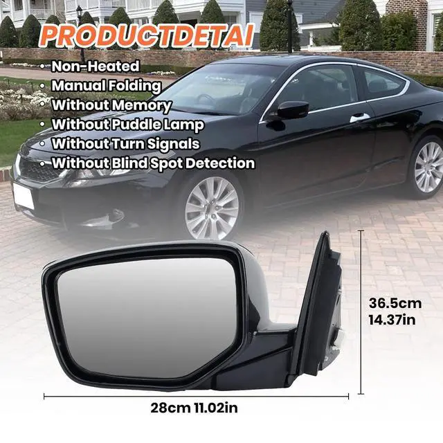 Alt view image 7 of 7 - Driver Side Mirror Compatible With 2008 2009 2010 2011 2012 Honda Accord Sedan LX, LX-P,Mirror with Power Glass,Non-Heated,Manual Folding Replace HO1320230(3 Pins)