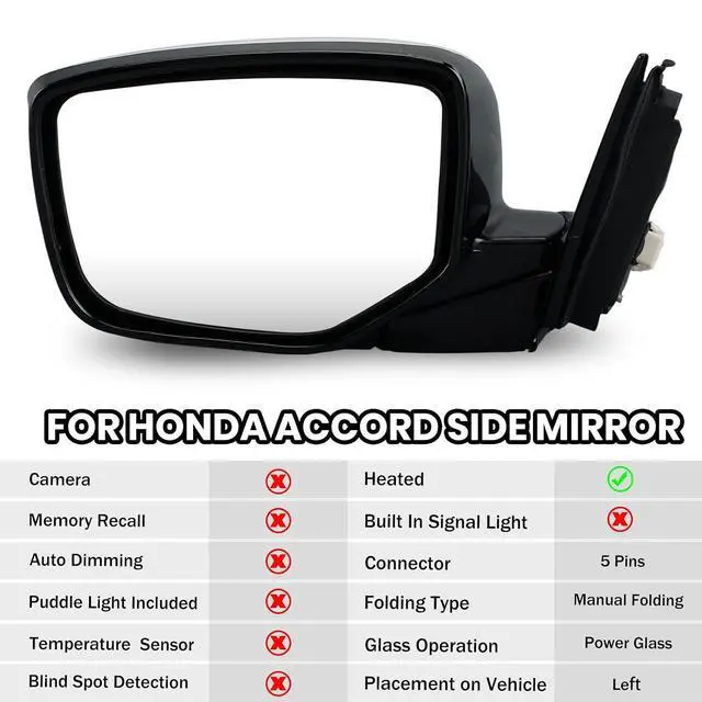 Alt view image 2 of 7 - Driver Side Mirror Compatible with Honda Accord 2008 2009 2010 2011 2012 Mirrors with Heated Power Glass Manual Folding Left Door Mirrors Assembly 5 Pins White