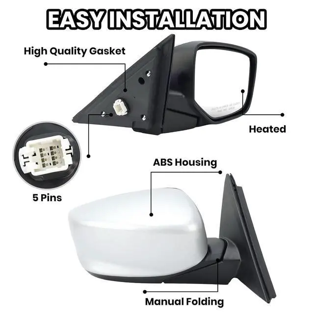 Alt view image 3 of 7 - Passenger Side Mirror Compatible with Honda Accord 2008 2009 2010 2011 2012 Mirrors with Heated Power Glass Manual Folding Right Door Mirrors Assembly 5 Pins Alabaster Silver Metallic